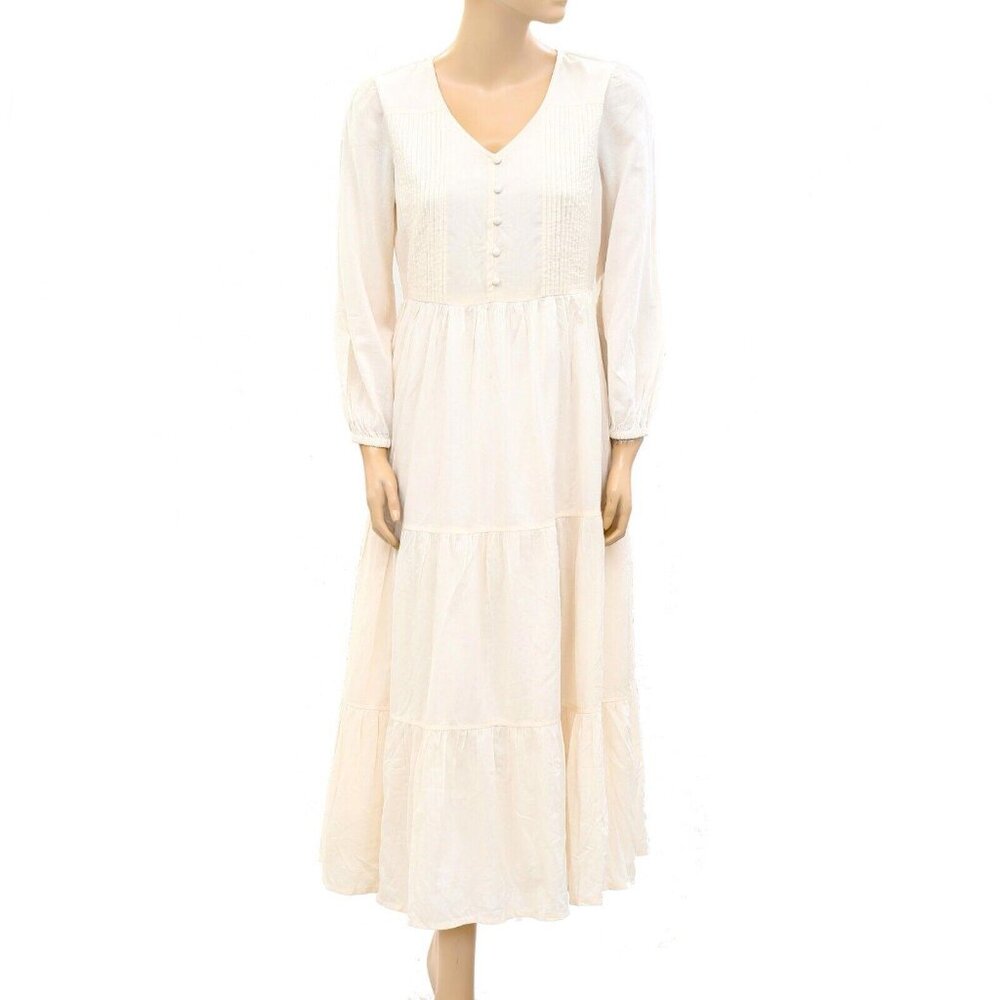 Odd Molly Anthropologie Pintuck Midi Dress Solid Cotton-Voile Tiered S 254767